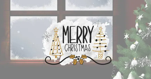 Composición Texto Navidad Feliz Sobre Árbol Navidad Ventana Navidad Invierno — Foto de Stock