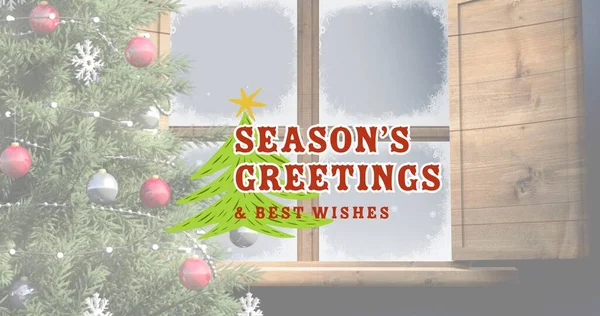 クリスマスツリーとウィンドウ上の季節の挨拶テキストの構成 クリスマス冬伝統お祝いのコンセプトデジタルで生成されたイメージ — ストック写真