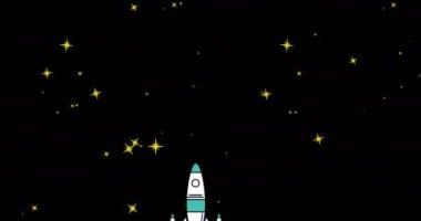 Uzayda uçan uzay roketinin animasyonu siyah arka plandaki yıldızların üzerinde. uzay yolculuğu konsepti dijital olarak oluşturulmuş video.