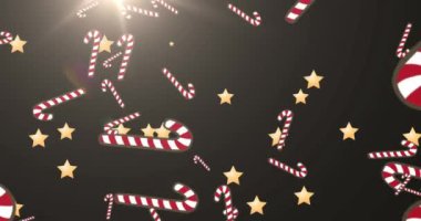 Siyah arka plana düşen noel yıldızlarının ve şekerlerin animasyonu. Noel, gelenek ve kutlama konsepti dijital olarak oluşturuldu.
