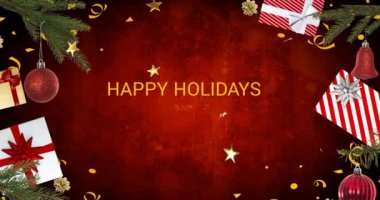 Mutlu tatiller ve yeni yıl mesajlarının animasyonu. Yılbaşında yıldızlar ve hediyeler üzerinde. Noel, kış, gelenek ve kutlama konsepti dijital olarak oluşturulmuş video.