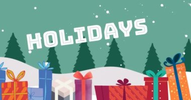 Noel 'de hediyeler ve yağan karlar üzerine Mutlu Noeller mesajlarının animasyonu. Noel, kış, gelenek ve kutlama konsepti dijital olarak oluşturulmuş video.