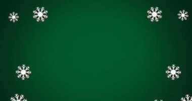 Yeşil zemine düşen Noel kar tanelerinin animasyonu. Noel, gelenek ve kutlama konsepti dijital olarak oluşturuldu.