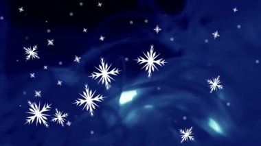 Koyu mavi arka planda düşen Noel kar tanelerinin animasyonu. Noel, gelenek ve kutlama konsepti dijital olarak oluşturuldu.