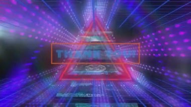 Dijital üçgen tünel ve siyah arka plandaki ekranlar üzerinden teşekkür mesajı animasyonu. Sosyal medya ve iletişim arayüzü kavramı dijital olarak oluşturulmuş video.