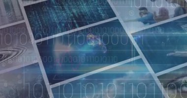 Dans eden insanların ekranlarındaki ikili kodlama ve veri işleme animasyonları. küresel bağlantılar, veri işleme ve dijital arayüz konsepti dijital olarak oluşturulmuş video.