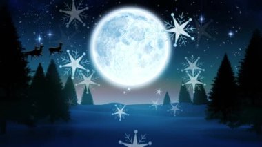 Noel gecesi düşen kar tanelerinin animasyonu Noel Baba 'nın kızakta olduğu kış manzarası. Noel, gelenek ve kutlama konsepti dijital olarak oluşturuldu.