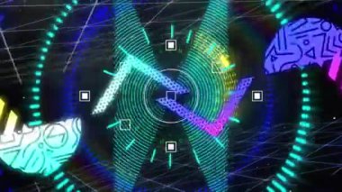 Siyah arkaplanda dijital dairelerin ve şekillerin animasyonu. Sosyal medya ve iletişim arayüzü kavramı dijital olarak oluşturulmuş video.