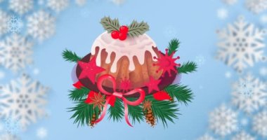Mavi arka planda noel keki animasyonu. Noel, gelenek ve kutlama konsepti dijital olarak oluşturuldu.