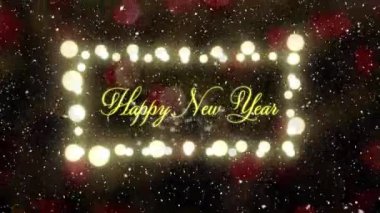 Kar yağarken yazılan mutlu yeni yıl metninin animasyonu. Yılbaşı partisi kutlaması konsepti dijital olarak oluşturulmuş video.