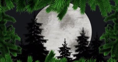 Dolunayın üzerinde Noel ağacı çerçevesi ve kızakta Noel Baba 'nın canlandırması. Noel, gelenek ve kutlama konsepti dijital olarak üretiliyor