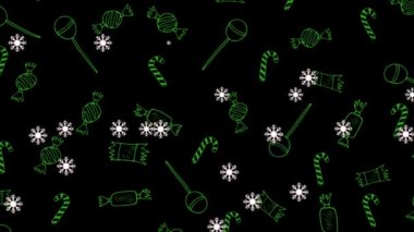 Siyah arka planda, Noel şekerleri üzerine düşen kar animasyonu. Noel, gelenek ve kutlama konsepti dijital olarak oluşturuldu.
