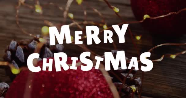 Animación Texto Navideño Feliz Sobre Decoraciones Navideñas Navidad Invierno Tradición — Vídeo de stock