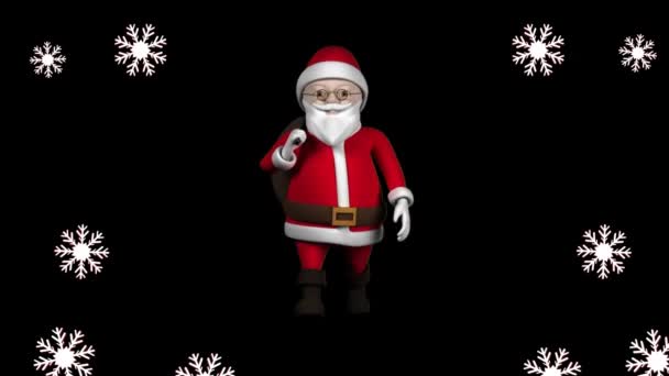 黒を背景にクリスマス サンタ クラス上の雪の結晶のアニメーション クリスマス お祝いのコンセプトをデジタルで — ストック動画