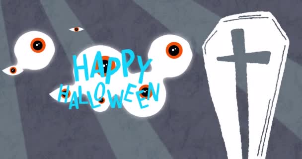 Animation Blå Glad Halloween Text Med Ögonglober Och Kista Över — Stockvideo