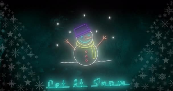 Animation Von Let Snow Text Weihnachten Über Schneemann Und Winterlandschaft — Stockvideo