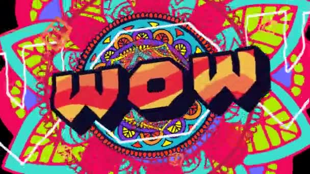 Animation Wow Text Spinning Wheels Pattern Background Colour Pattern Concept — Stock Video