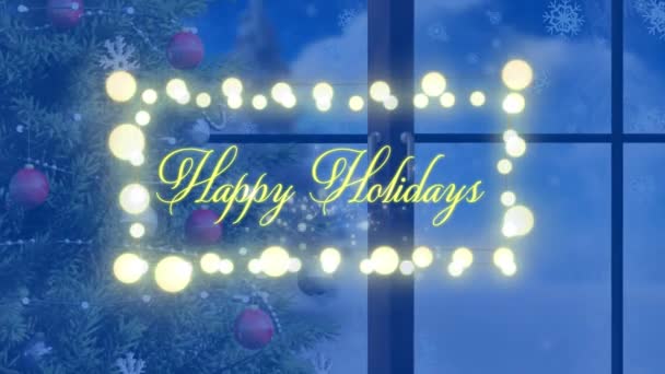 Animación Texto Felices Fiestas Sobre Árbol Navidad Caída Nieve Navidad — Vídeo de stock