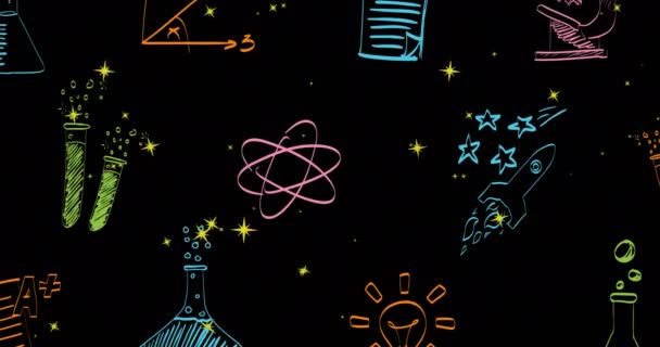 Animation Von Wissenschaftssymbolen Über Sternen Auf Schwarzem Hintergrund Wissenschaft Wissen — Stockvideo