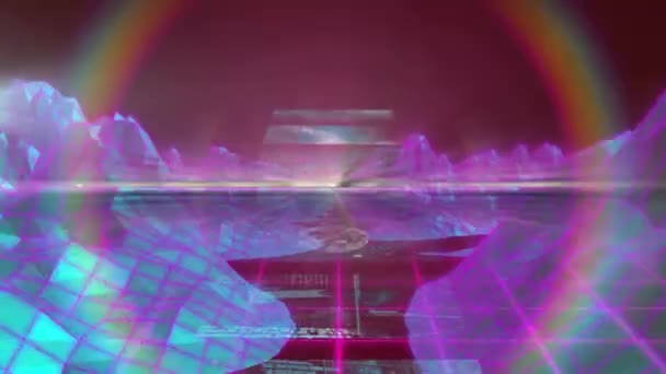 Анімація Тексту Рівня Над Цифровими Горами Екранами Червоному Тлі Концепція — стокове відео
