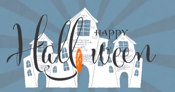 用南瓜 蝙蝠和红色的圆圈在房子的蓝色条纹之间的快乐的光环动画 传统和季节性庆祝活动之间的光晕 传统和季节性庆祝活动 — 图库视频影像