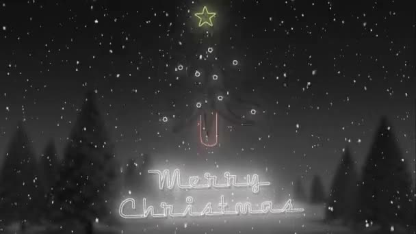 Animazione Testo Buon Natale Sopra Albero Natale Neve Che Cade — Video Stock