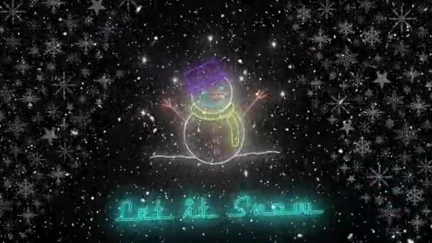 Animatie Van Laat Het Sneeuwen Tekst Met Kerst Sneeuwpop Sneeuw — Stockvideo