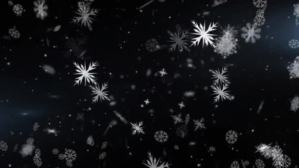 Animatie Van Kerst Sneeuwvlokken Vallen Zwarte Achtergrond Kerstmis Traditie Viering — Stockvideo