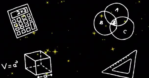 Animation Science Mathematics Icons Stars Black Background Science Knowledge Learning — Stock Video