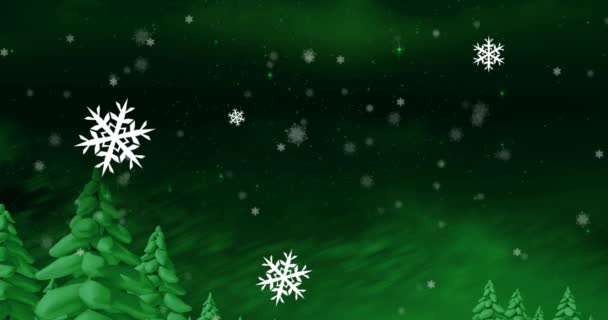 Animazione Fiocchi Neve Natale Che Cadono Sfondo Verde Paesaggio Invernale — Video Stock