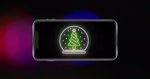 Animace Vánočního Stromku Smartphonu Nad Světlými Skvrnami Vánoční Zimní Tradiční — Stock video