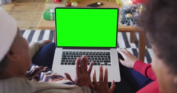 African American Mother Daughter Making Laptop Christmas Video Call Green — Stock Video