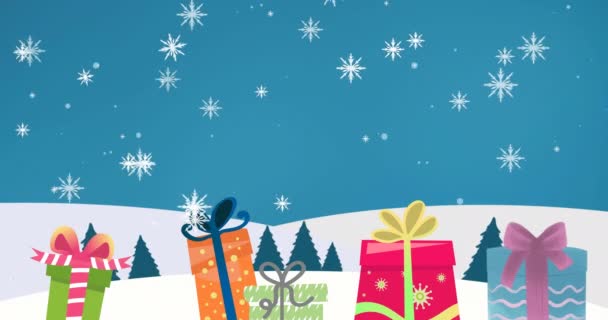 Animation Merry Christmas Text Presents Snow Falling Christmas Winter Tradition — Stock Video