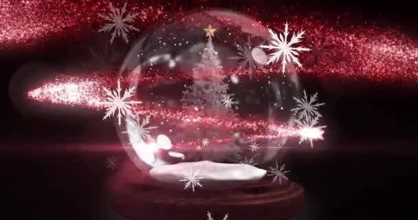 黒い背景の木で雪の世界に落ちるクリスマスの雪の結晶のアニメーション クリスマス お祝いのコンセプトをデジタルで — ストック動画