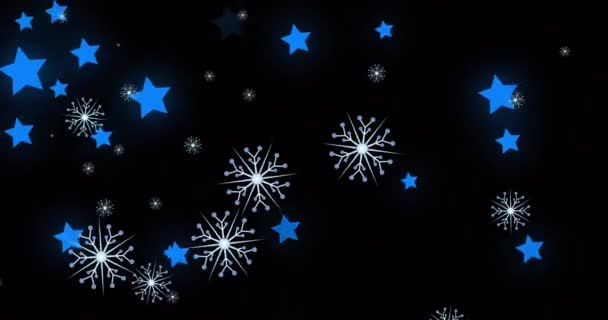 Animación Copos Nieve Navideños Estrellas Cayendo Sobre Fondo Negro Navidad — Vídeos de Stock