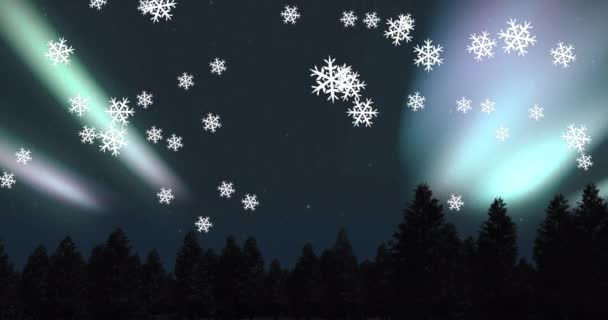 オーロラやモミの木の上でクリスマスに降る雪のアニメーション クリスマス 伝統とお祝いのコンセプトデジタルで生成されたビデオ — ストック動画