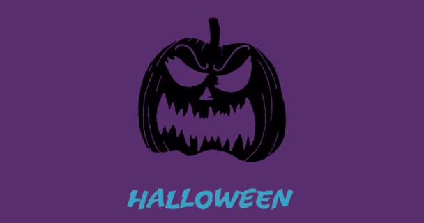 Animation Halloween Text Blått Med Pumpa Huvud Över Fullmåne Lila — Stockvideo