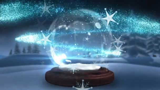 Kış Manzarasında Kar Küresinin Üzerine Düşen Noel Kar Tanelerinin Animasyonu — Stok video