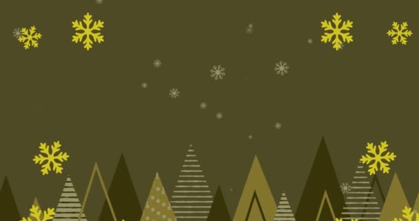 Animation Von Gelben Weihnachtsschneeflocken Die Auf Grünen Hintergrund Fallen Weihnachten — Stockvideo