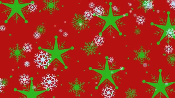 Изображение Зеленых Снежинок Падающих Красном Фоне Рождество Традиции Концепция Празднования — стоковое видео