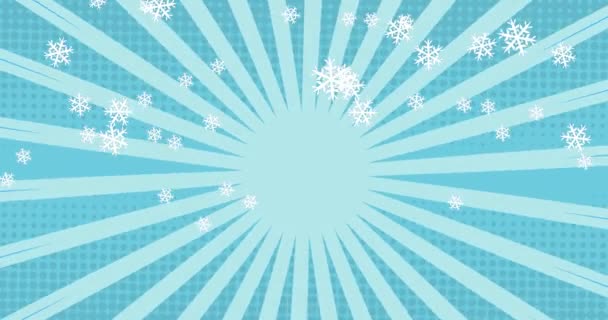 Animace vánočních sněhových vloček padající na sněhuláka na světle modrém pozadí. vánoční, tradiční a slavnostní koncept digitálně generovaného videa.