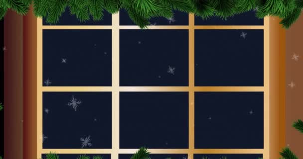 在降雪的冬季风景上 欢乐圣诞的动画和快乐新年的文字 圣诞节 传统和庆祝概念数字制作的视频 — 图库视频影像
