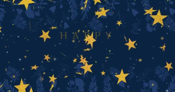 Animáció Boldog Ünnepek Szövegét Karácsonykor Felett Csillagok Hullanak Karácsony Tél — Stock videók