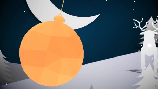 Animation Von Weihnachtsschnee Der Über Christbaumkugeln Winterlicher Landschaft Fällt Weihnachten — Stockvideo