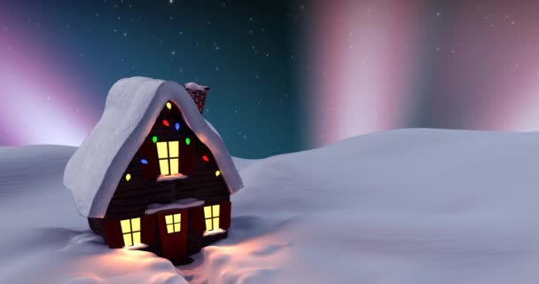 Animace Domu Vánoce Nad Polární Září Zimní Scenérií Vánoční Zimní — Stock video