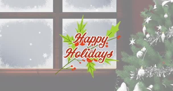 クリスマスツリー上の幸せな休日のテキストのアニメーション クリスマス 伝統とお祝いのコンセプトデジタルで生成されたビデオ — ストック動画