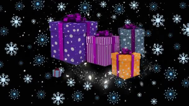 Κινούμενα Σχέδια Χριστουγεννιάτικων Νιφάδων Που Πέφτουν Πάνω Από Δώρα Μαύρο — Αρχείο Βίντεο