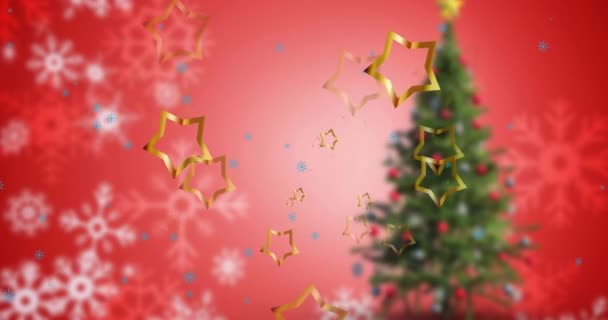 赤い背景に木の上に落ちるクリスマススターのアニメーション クリスマス お祝いのコンセプトをデジタルで — ストック動画