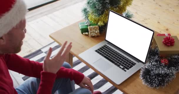 Caucasian Man Santa Hat Making Laptop Christmas Video Call Copy — Stock Video
