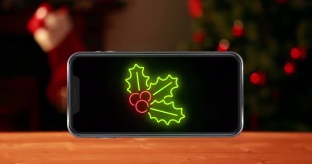 Κινούμενα Σχέδια Φύλλων Smartphone Πάνω Από Χριστουγεννιάτικο Δέντρο Χριστούγεννα Χειμώνας — Αρχείο Βίντεο